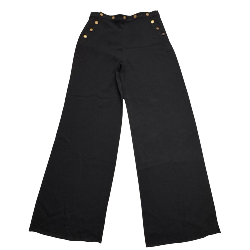 St. John Wide Leg‎ Sailor Pants Womens 12 Caviar Black Gold Button High Rise NEW - Picture 2 of 13